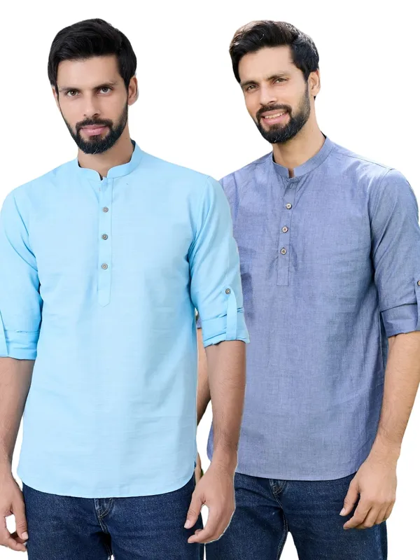 Men_Pack_Of_2_Turquoise_Blue_&_Blue_Cotton_Solid_Short_Kurta