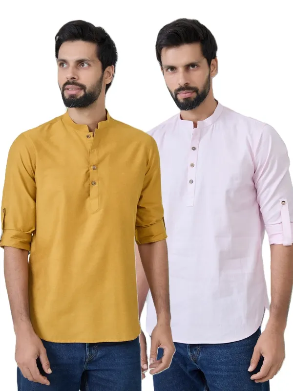 Men_Pack_Of_2_Mustard_&_Pink_Cotton_Solid_Short_Kurta