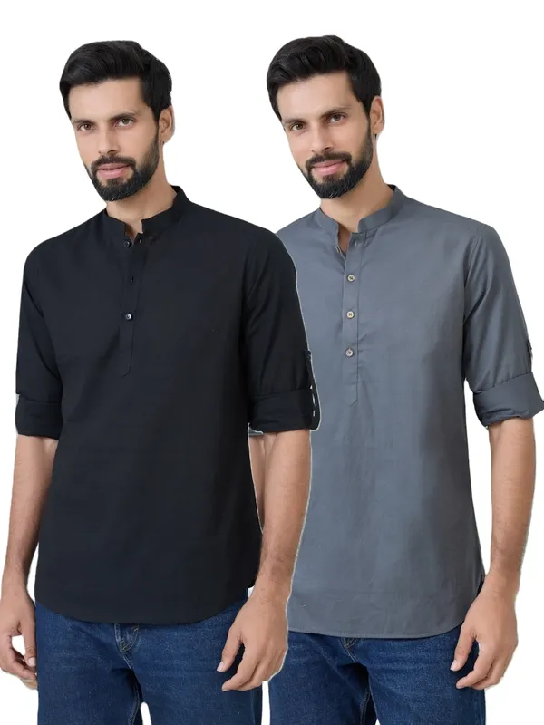 Men_Pack_Of_2_Black_&_Grey_Cotton_Solid_Short_Kurta