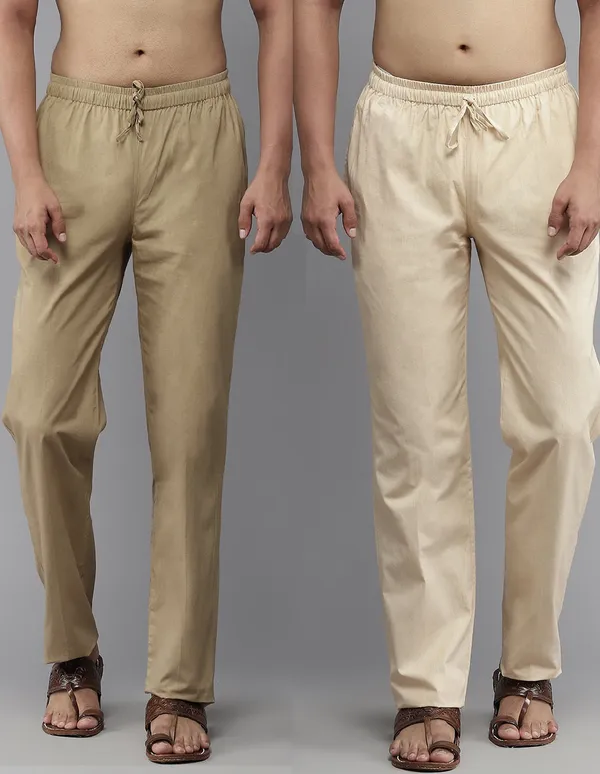 Combo_Pack_of_2:_Brown_&_Beige_Solid_Cotton_Pyjamas