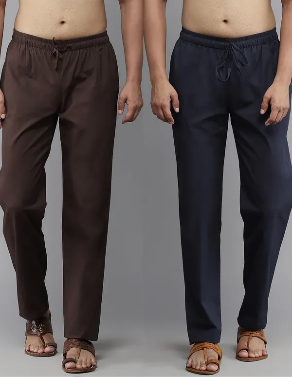 Combo_Pack_of_2:_Deep_Brown_&_Navy_Blue_Solid_Cotton_Pyjamas