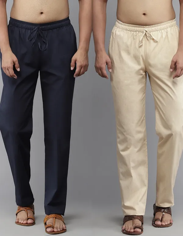 Combo_Pack_of_2:_Navy_Blue_&_Beige_Solid_Cotton_Pyjamas