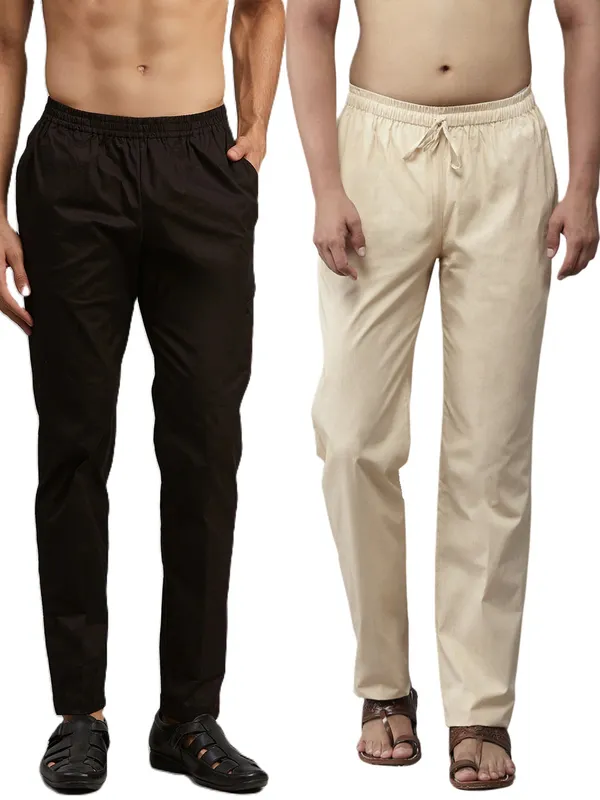 Combo_Pack_of_2:_Black_&_Beige_Solid_Cotton_Pyjamas