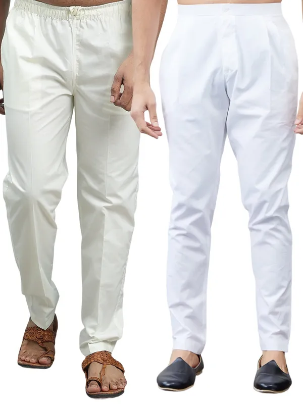 Combo_Pack_of_2:_White_&_Cream_Solid_Cotton_Pyjamas