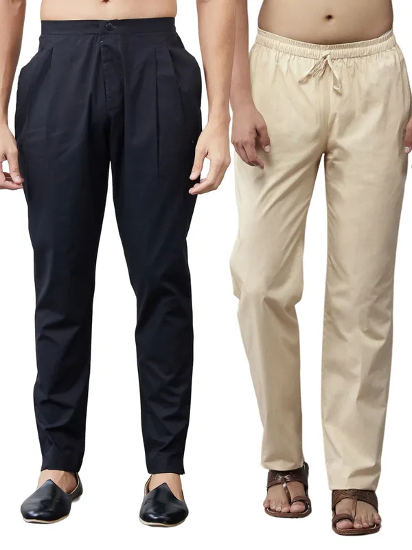Combo_Pack_of_2:_Black_&_Beige_Solid_Cotton_Pyjamas