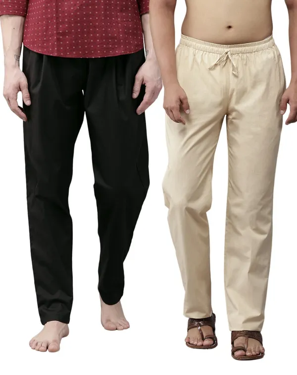 Combo_Pack_of_2:_Black_&_Beige_Solid_Cotton_Pyjamas