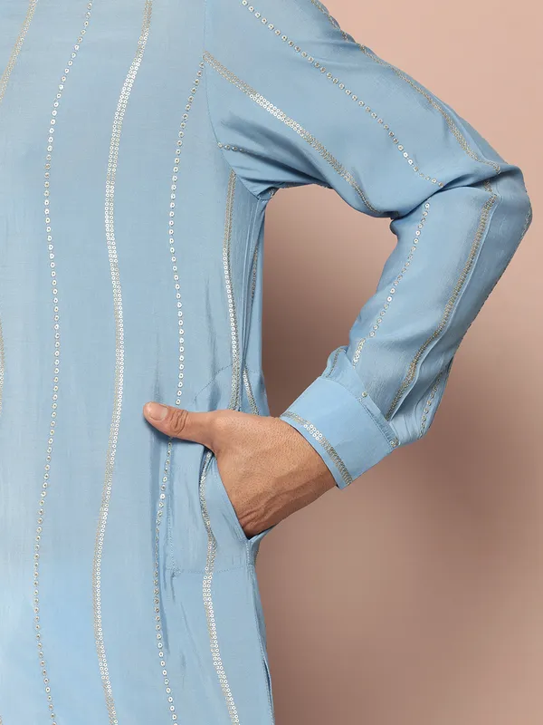 Men's_Blue_Chanderi_Silk_Kurta_with_Sequin_Embroidery,_Paired_with_Pyjama