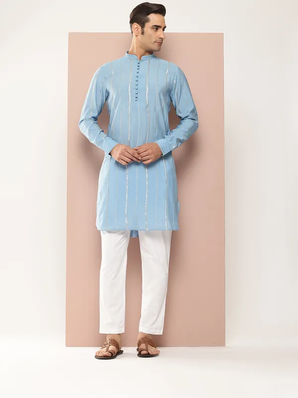 Men_Turquoise_Blue_Sequins_Embroidered_Chanderi_Silk_Straight_Kurta_With_Pyjama