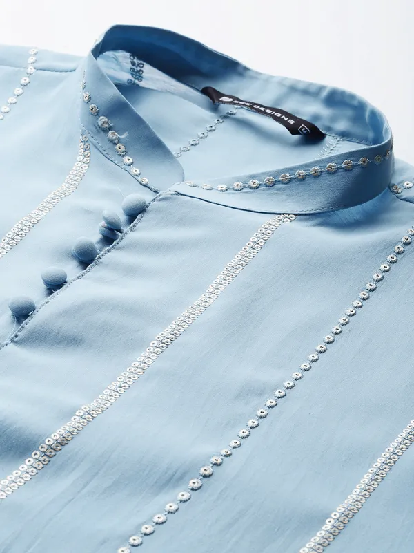 Men_Turquoise_Blue_Sequins_Embroidered_Chanderi_Silk_Straight_Kurta_With_Pyjama