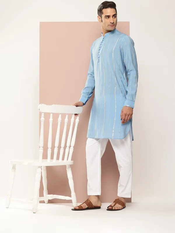 Men's_Blue_Chanderi_Silk_Kurta_with_Sequin_Embroidery,_Paired_with_Pyjama