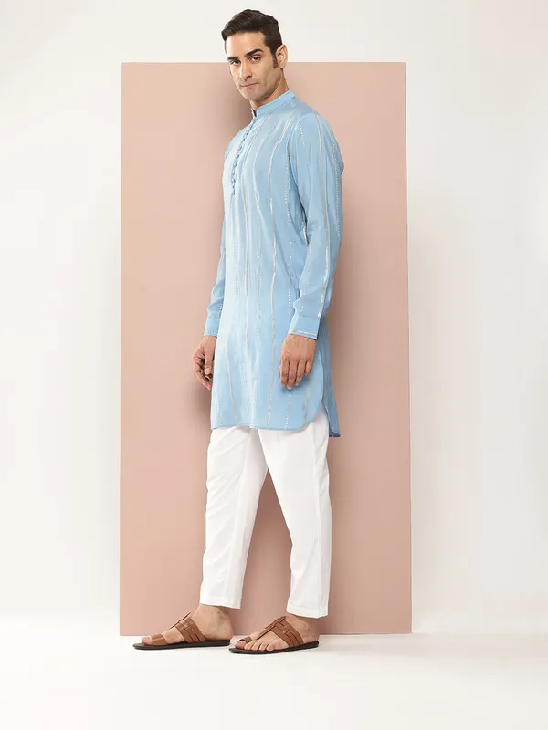 Men's_Blue_Chanderi_Silk_Kurta_with_Sequin_Embroidery,_Paired_with_Pyjama