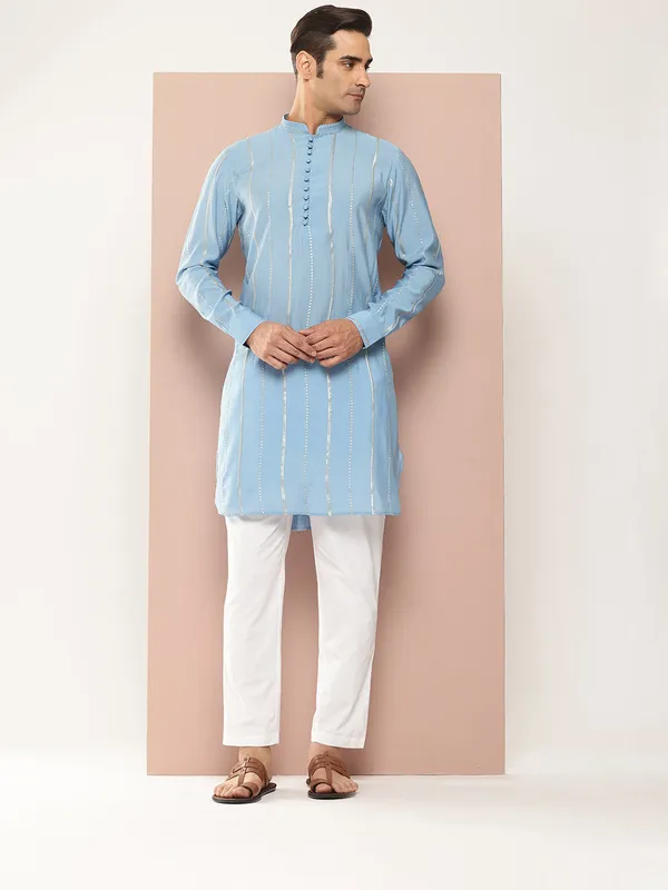 Men's_Blue_Chanderi_Silk_Kurta_with_Sequin_Embroidery,_Paired_with_Pyjama