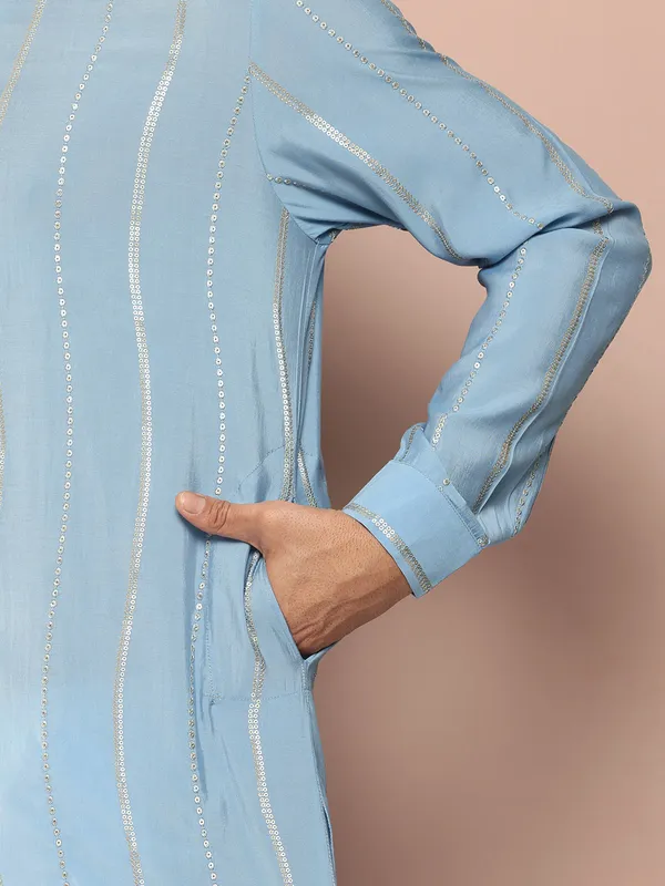 Men's_Turquoise_Blue_Sequined_&_Embroidered_Chanderi_Silk_Straight_Kurta
