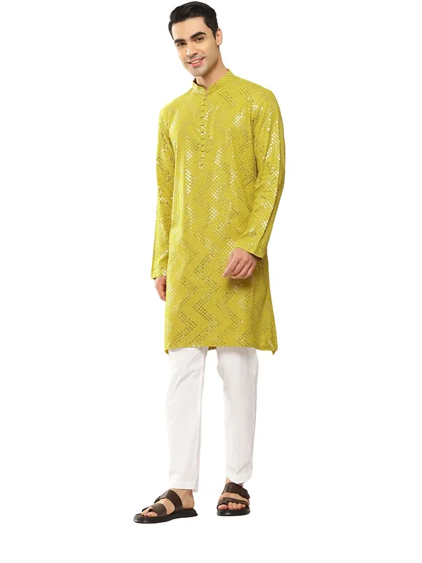 Men's_Lime_Green_Sequin_Embroidered_Rayon_Kurta,_Paired_with_Pyjama