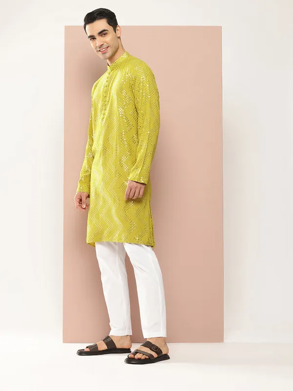 Men's_Lime_Green_Sequin_Embroidered_Rayon_Kurta,_Paired_with_Pyjama