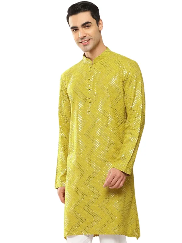 Men_Lime_Green_Sequins_Woven_Design_Kurta