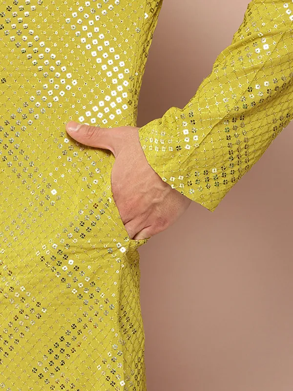 Men's_Lime_Green_Sequins_Woven_Design_Straight_Kurta