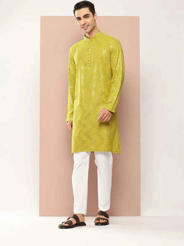Men's_Lime_Green_Sequins_Woven_Design_Straight_Kurta