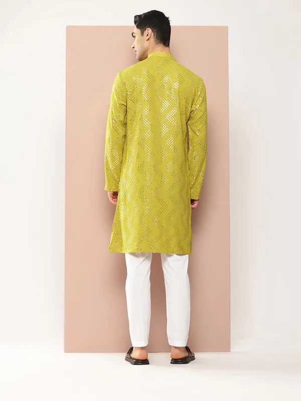 Men's_Lime_Green_Sequins_Woven_Design_Straight_Kurta