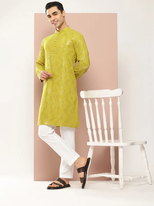 Men's_Lime_Green_Sequins_Woven_Design_Straight_Kurta