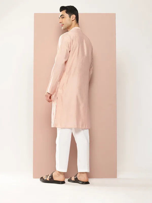 Men�s_Pink_Chanderi_Silk_Kurta_with_Sequin_Embroidery,_Paired_with_Pyjama