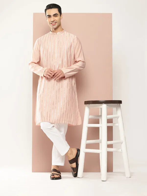 Men�s_Pink_Chanderi_Silk_Kurta_with_Sequin_Embroidery,_Paired_with_Pyjama