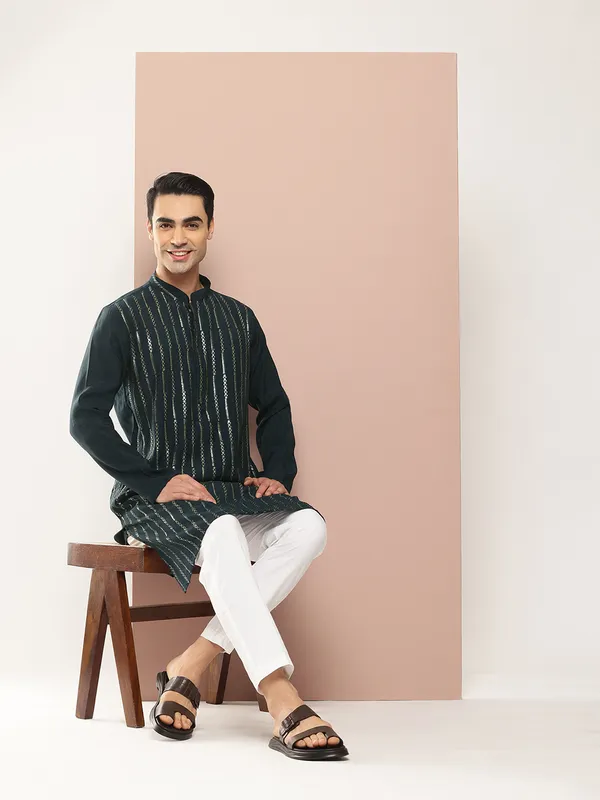 Men_Teal_And_Gold_Chanderi_Silk_Sequins_Kurta_With_Pyjama