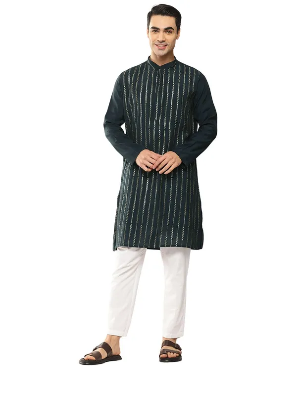 Men_Teal_And_Gold_Chanderi_Silk_Sequins_Kurta_With_Pyjama