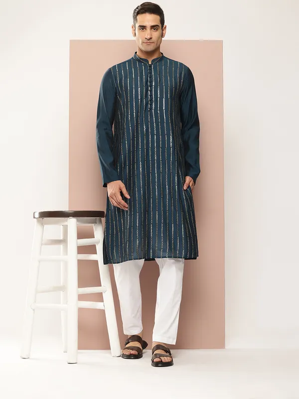 Men_Teal_And_Gold_Chanderi_Silk_Sequins_Kurta_With_Pyjama