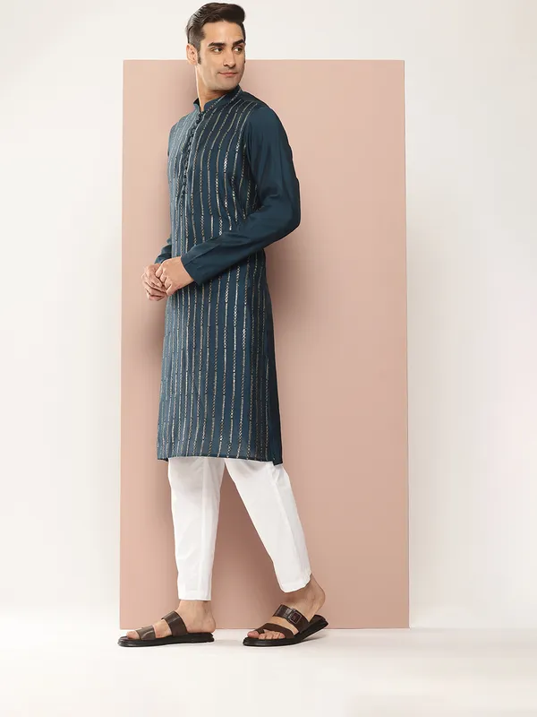 Men_Teal_And_Gold_Chanderi_Silk_Sequins_Kurta_With_Pyjama