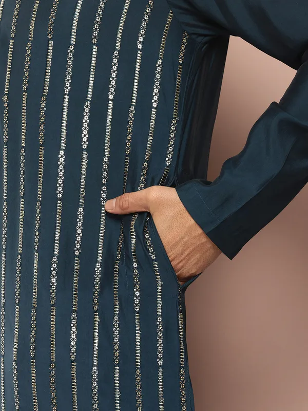 Men_Teal_And_Gold_Chanderi_Silk_Sequins_Kurta_With_Pyjama