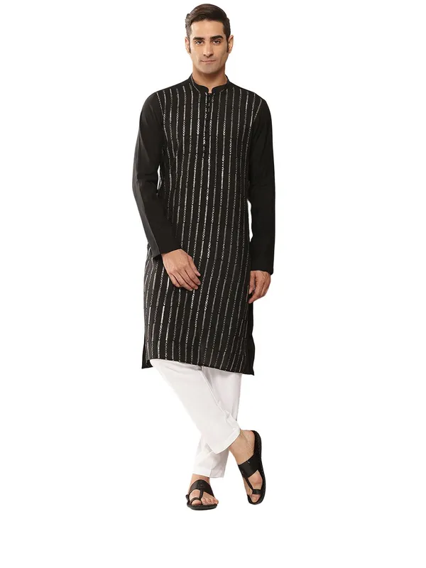 Men_Black_And_Gold_Chanderi_Silk_Sequins_Kurta_With_Pyjama