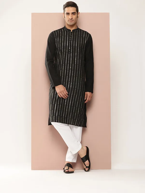 Black_Chanderi_Silk_Kurta_with_Sequin_Embroidery,_Paired_with_Pyjama