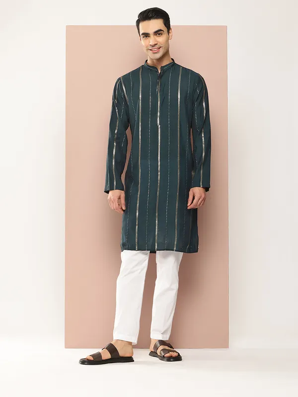 Men_Teal_And_Gold_Chanderi_Silk_Sequins_Kurta_With_Pyjama