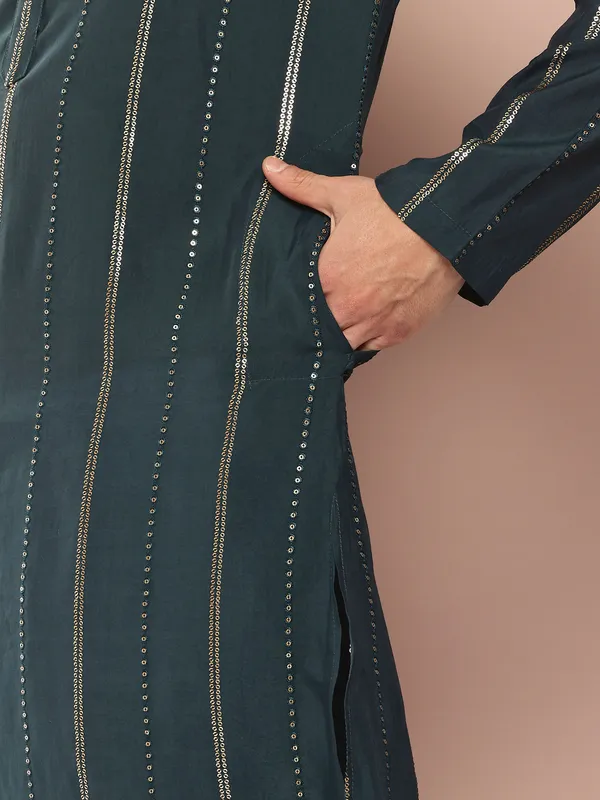 Men_Teal_And_Gold_Chanderi_Silk_Sequins_Kurta_With_Pyjama