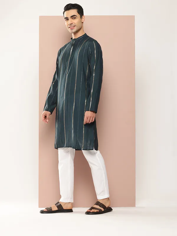 Men_Teal_And_Gold_Chanderi_Silk_Sequins_Kurta_With_Pyjama
