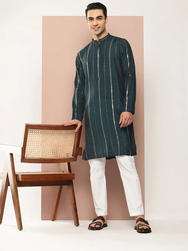 Men_Teal_And_Gold_Chanderi_Silk_Sequins_Kurta_With_Pyjama
