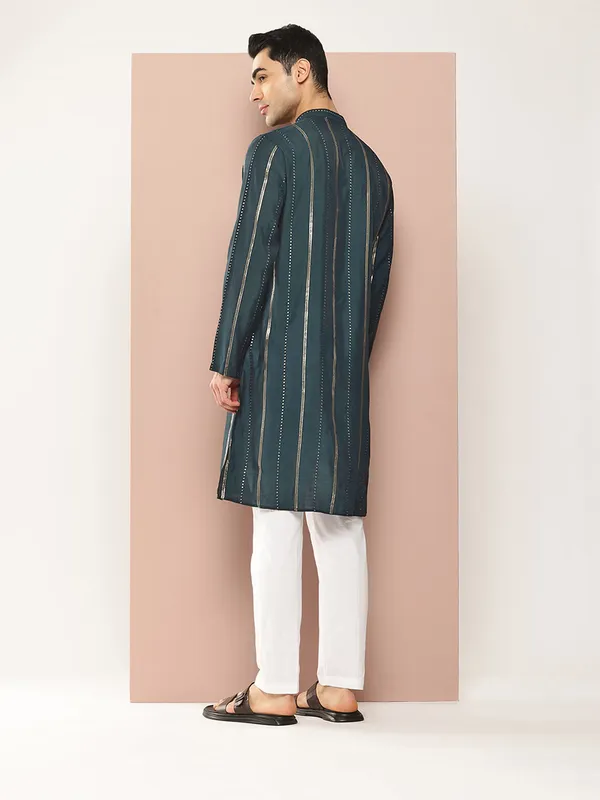 Men's_Teal_Chanderi_Silk_Kurta_with_Sequin_Embroidery,_Paired_with_Pyjama