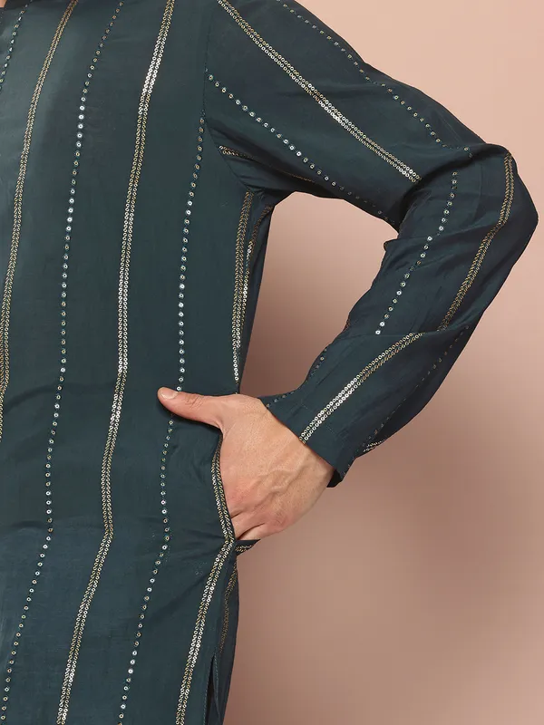 Men_Teal_And_Gold_Chanderi_Silk_Sequins_Kurta_With_Pyjama