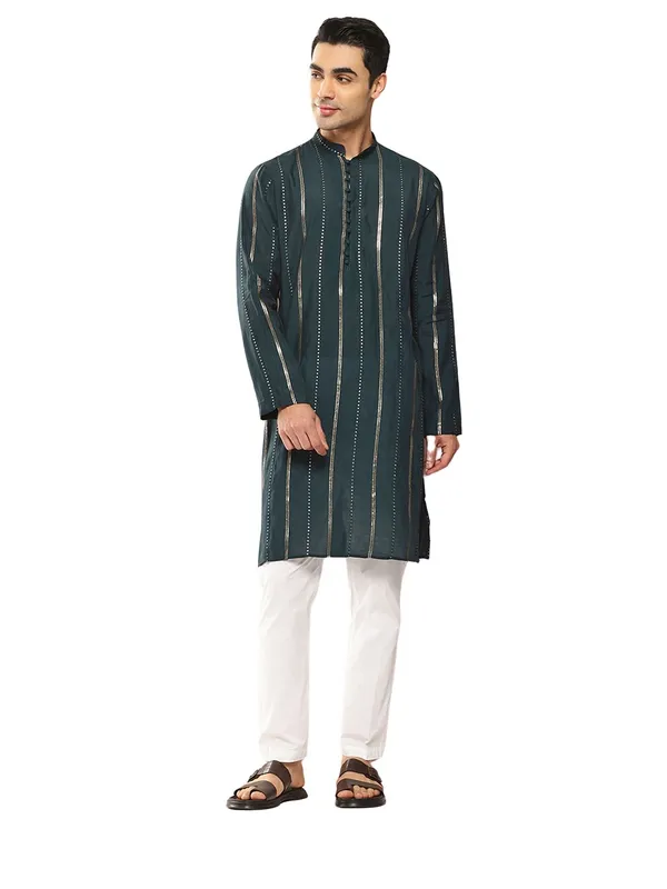 Men_Teal_And_Gold_Chanderi_Silk_Sequins_Kurta_With_Pyjama