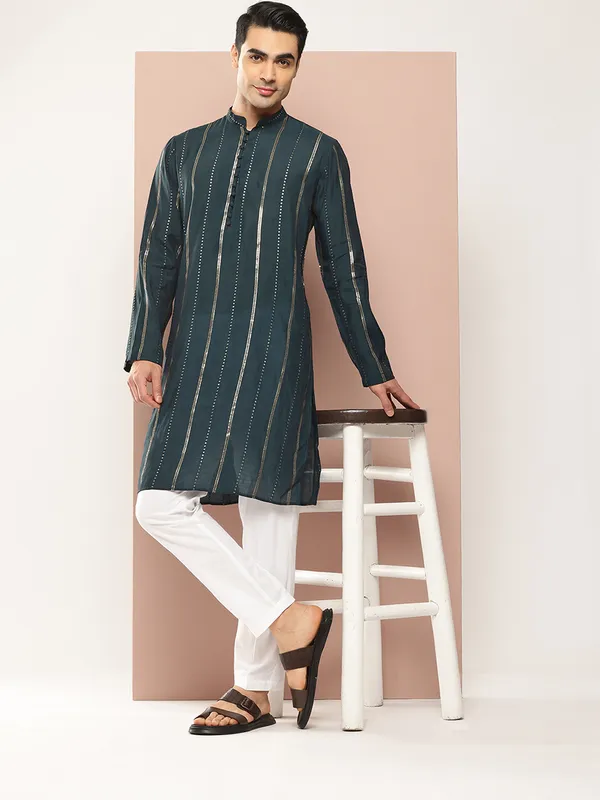 Dark_Blue_Chanderi_Silk_Kurta_with_Sequin_Embroidery,_Paired_with_Pyjama
