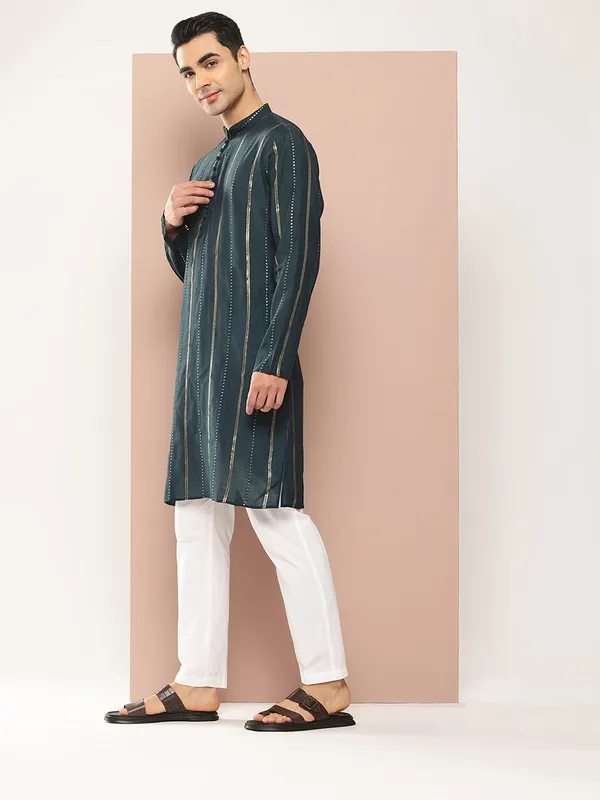 Dark_Blue_Chanderi_Silk_Kurta_with_Sequin_Embroidery,_Paired_with_Pyjama