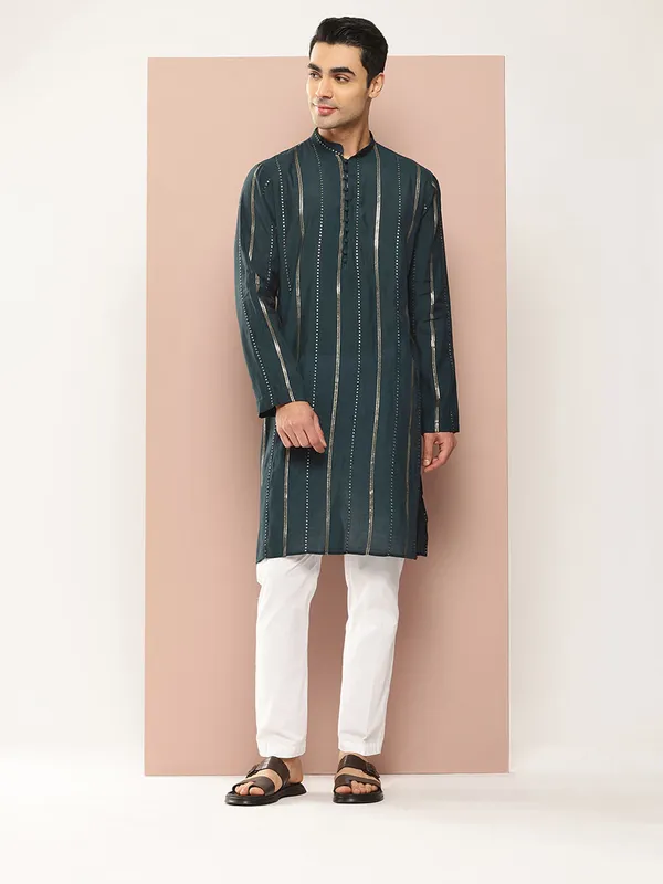 Men'_Teal-Gold_Sequined_Chanderi_Silk_Kurta
