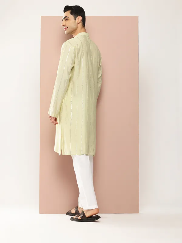 Men_Cream_And_Gold_Chanderi_Silk_Sequins_Kurta_With_Pyjama