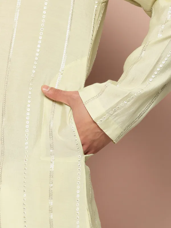 Men_Cream_And_Gold_Chanderi_Silk_Sequins_Kurta_With_Pyjama
