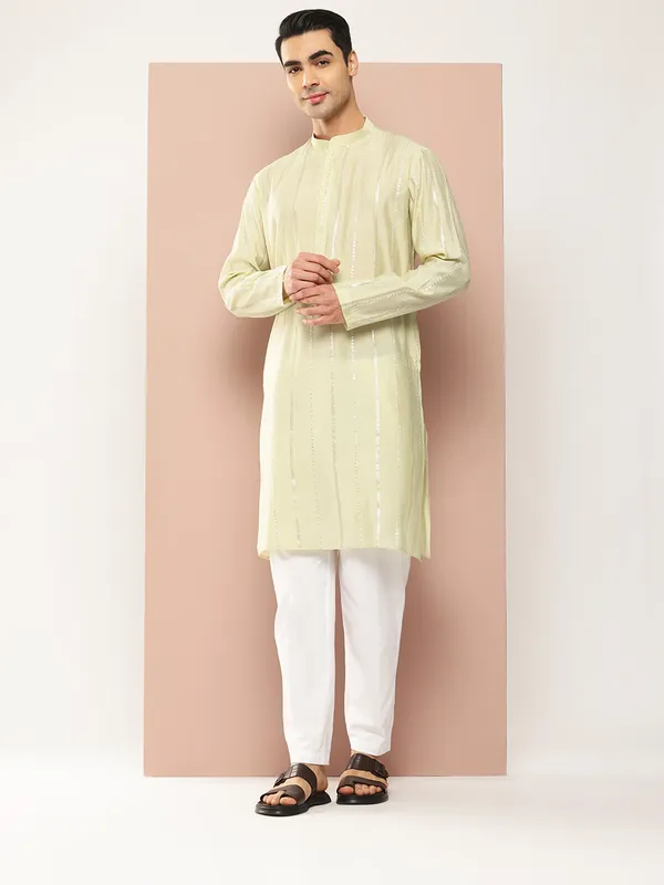Men_Cream_And_Gold_Chanderi_Silk_Sequins_Kurta_With_Pyjama