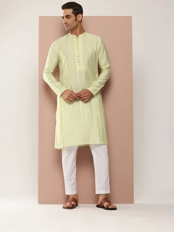 Men_Cream_And_Gold_Chanderi_Silk_Sequins_Kurta_With_Pyjama