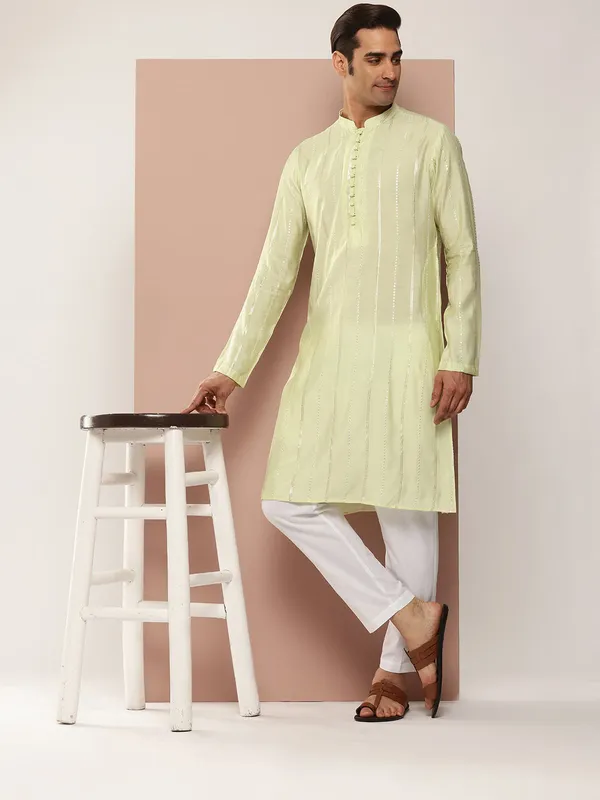 Cream_Chanderi_Silk_Kurta_with_Sequin_Embroidery,_Paired_with_Pyjama