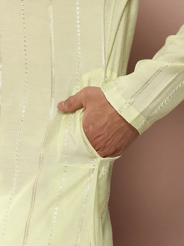 Cream_Chanderi_Silk_Kurta_with_Sequin_Embroidery,_Paired_with_Pyjama