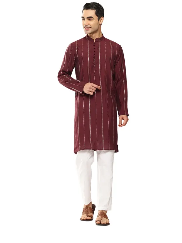 Men_Burgundy_And_Gold_Chanderi_Silk_Sequins_Kurta_With_Pyjama